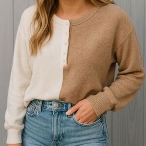 Hollister Color Block Cream/Brown Crop Henley Sweater